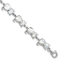 Sterling Silver Rhodium-Rhodium-Plated Mother of Pearl Cat Link Bracelet