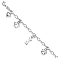 Sterling Silver Rhodium-Rhodium-Plated Dog Bone Paw Heart Charm 7.5in Bracelet