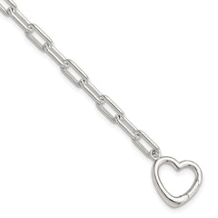Sterling Silver Open Link 7.25in Heart Clasp Bracelet