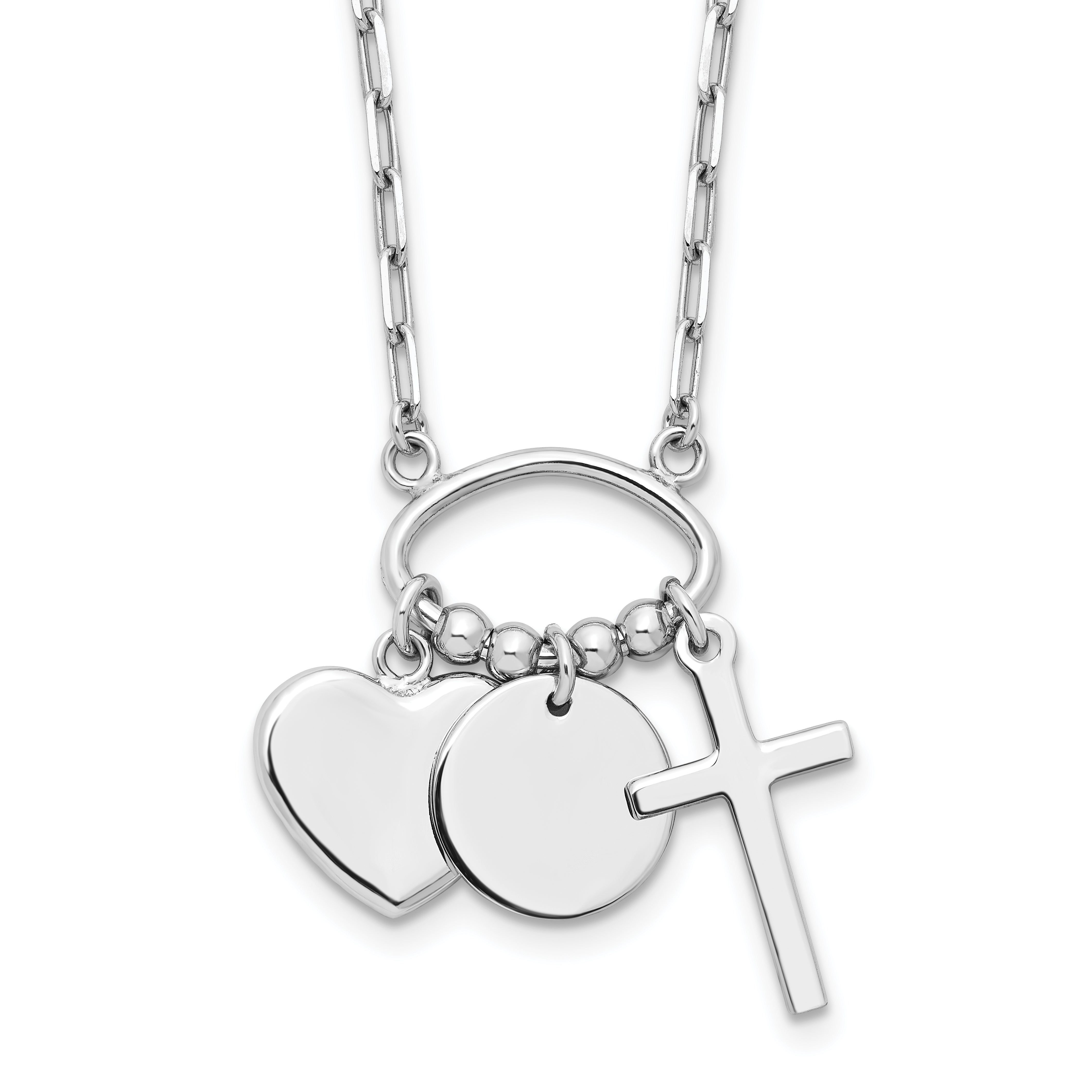 Sterling Silver Rhodium-Rhodium-Plated Round Heart Cross Discs 32in Necklace