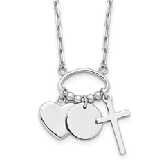 Sterling Silver Rhodium-Rhodium-Plated Round Heart Cross Discs 32in Necklace