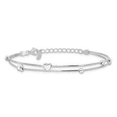 Sterling Silver Rhod-plated 6.75 1in ext Two Strand Heart/Bead Bracelet