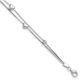 Sterling Silver Rhod-plated 6.75 1in ext Two Strand Heart/Bead Bracelet
