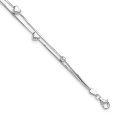 Sterling Silver Rhod-plated 6.75 1in ext Two Strand Heart/Bead Bracelet
