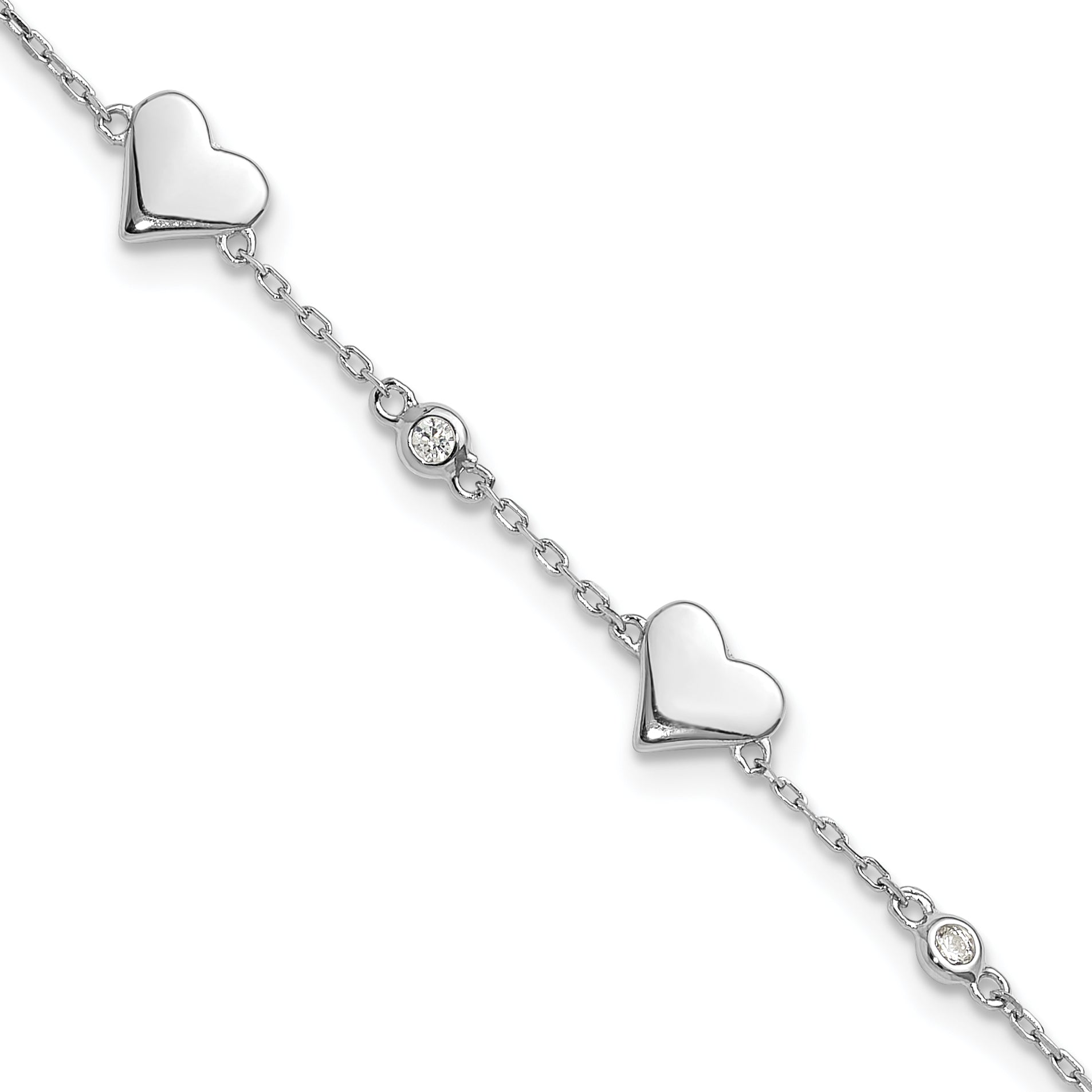 Sterling Silver Rhodium-Rhodium-Plated CZ Hearts 7in w/1in ext. Bracelet