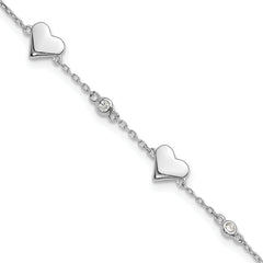 Sterling Silver Rhodium-Rhodium-Plated CZ Hearts 7in w/1in ext. Bracelet