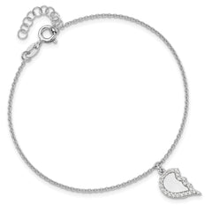 Sterling Silver Rhod-plated CZ Half Heart 7.25in w/1 in ext 2 Bracelet Set