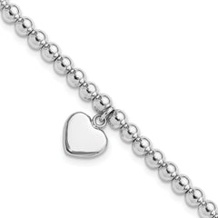 Sterling Silver Rhodium-Rhodium-Plated 4mm Beaded Dangle Heart 7.5in Bracelet