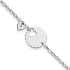 Sterling Silver Rhodium-Rhodium-Plated Heart and Cut Out Disc 7.5in Bracelet
