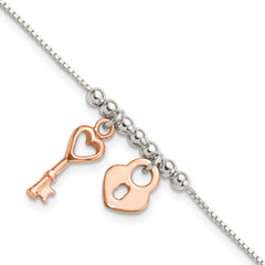 Sterling Silver w/Rose Tone Lock and Key Beaded 7in w/1in ext. Bracelet