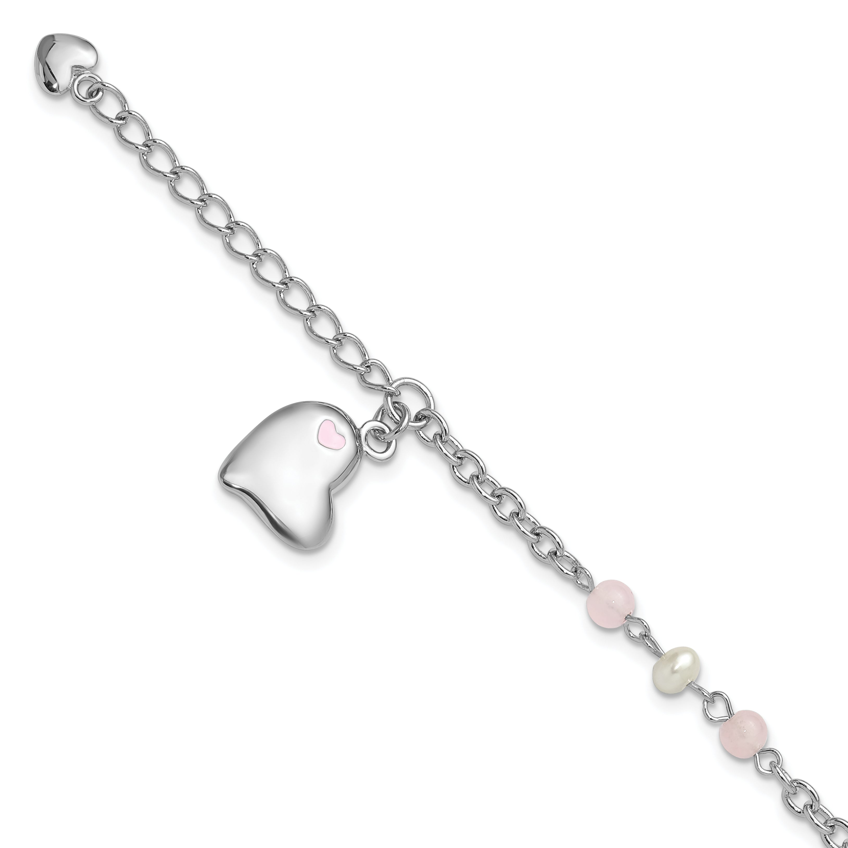 SSRhodium-Rhodium-Plated Crystal FWC Pearl Enamel Dangle Heart w/1 in. ext Bracelet