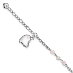 SSRhodium-Rhodium-Plated Crystal FWC Pearl Enamel Dangle Heart w/1 in. ext Bracelet