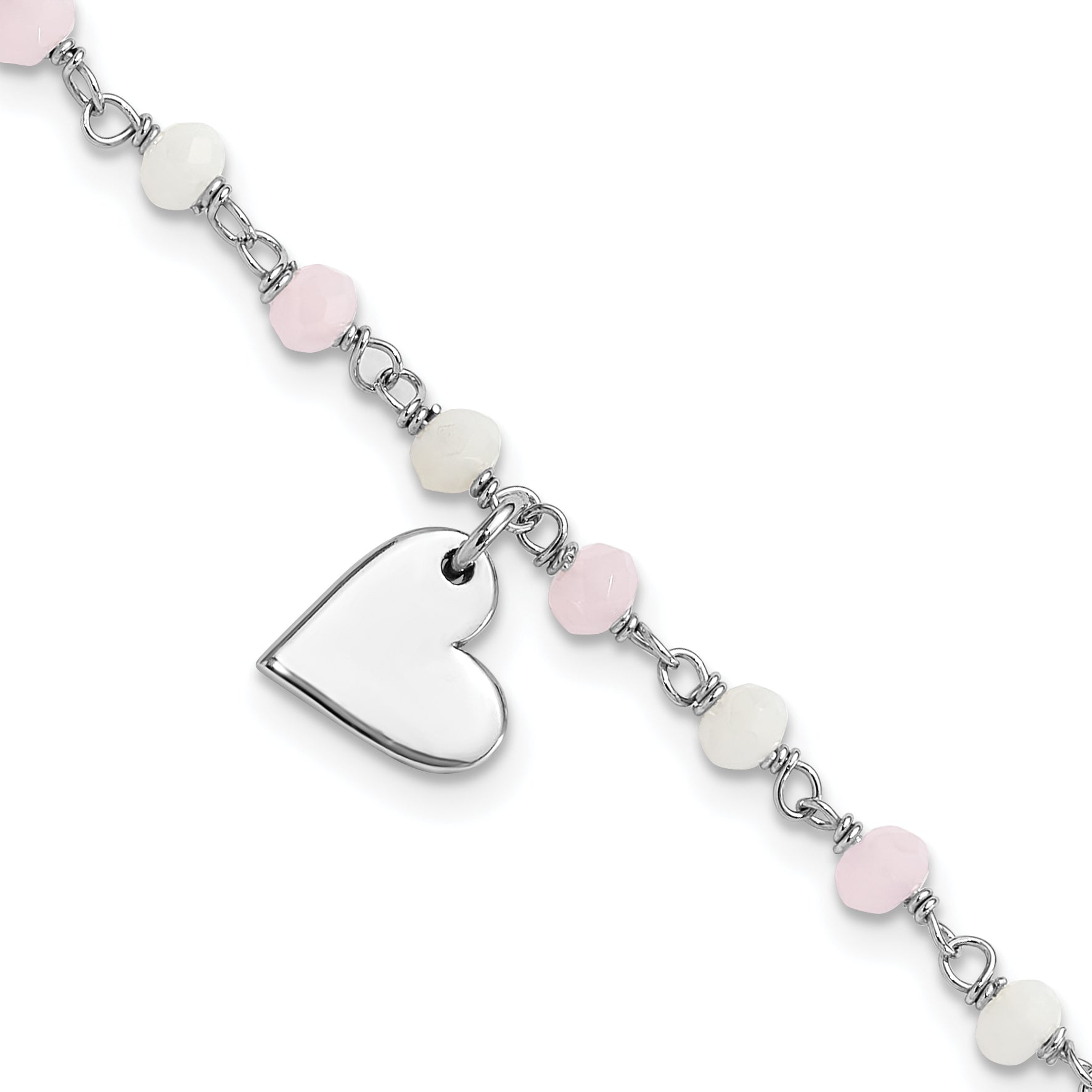 Sterling Silver Rhodium-Platedod-plated Heart Pink/White Glass Beads 7.5in Bracelet