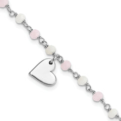 Sterling Silver Rhodium-Platedod-plated Heart Pink/White Glass Beads 7.5in Bracelet
