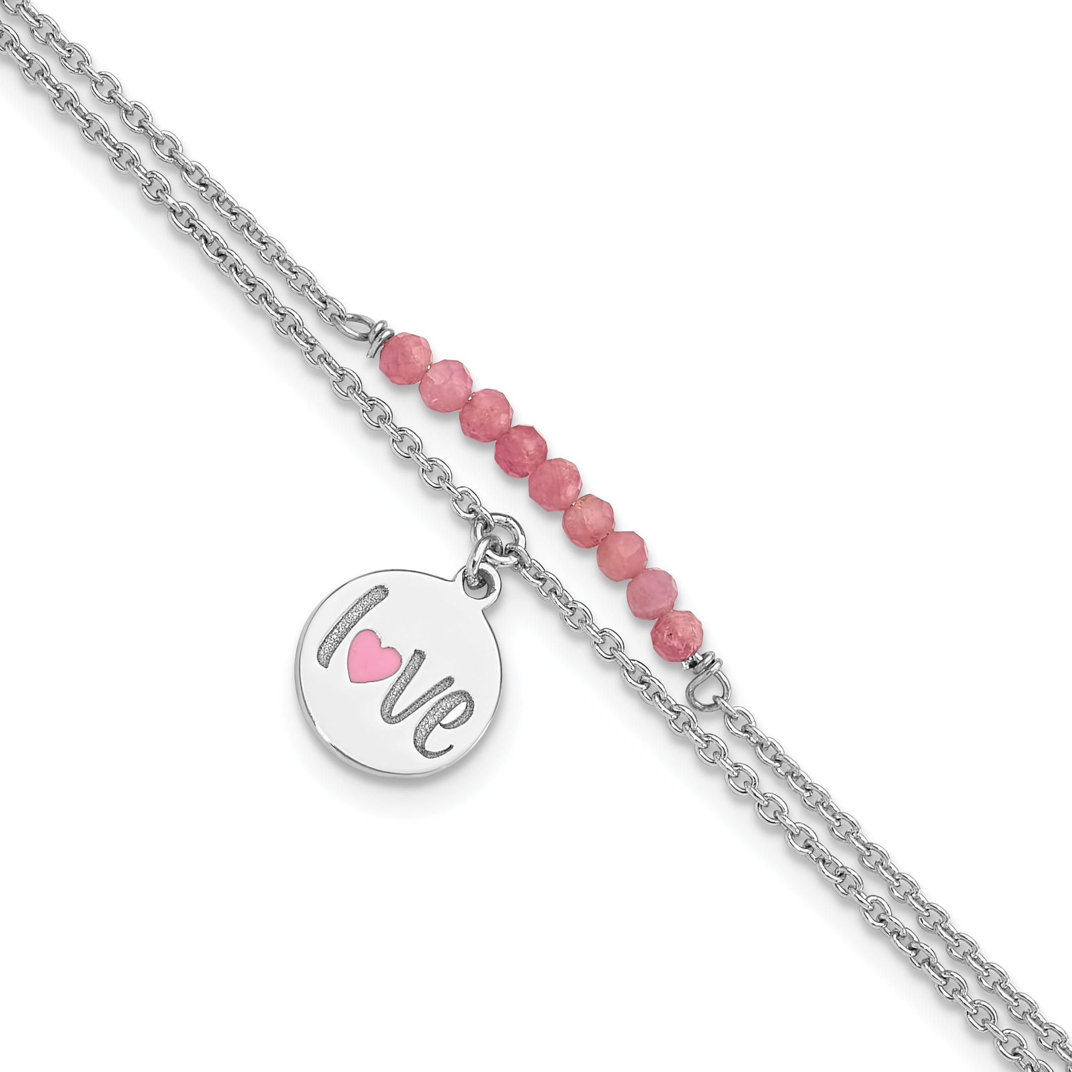 Sterling Silver Rhodium-Platedod-pltd Enamel LOVE Pink Tourm 7.25in w/1in ext Bracelet