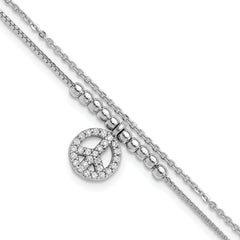 Sterling Silver Rhodium-Rhodium-Plated CZ Peace Sign Beaded 7.5in Bracelet