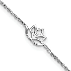 Sterling Silver Rhodium-Rhodium-Plated Lotus Flower w/.5 in ext. Bracelet
