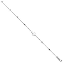 Sterling Silver Rhodium-plated Cross Black Spinel 7in With 1in ext. Bracelet