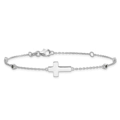 Sterling Silver Rhodium-plated Cross Black Spinel 7in With 1in ext. Bracelet
