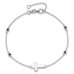 Sterling Silver Rhodium-plated Cross Black Spinel 7in With 1in ext. Bracelet