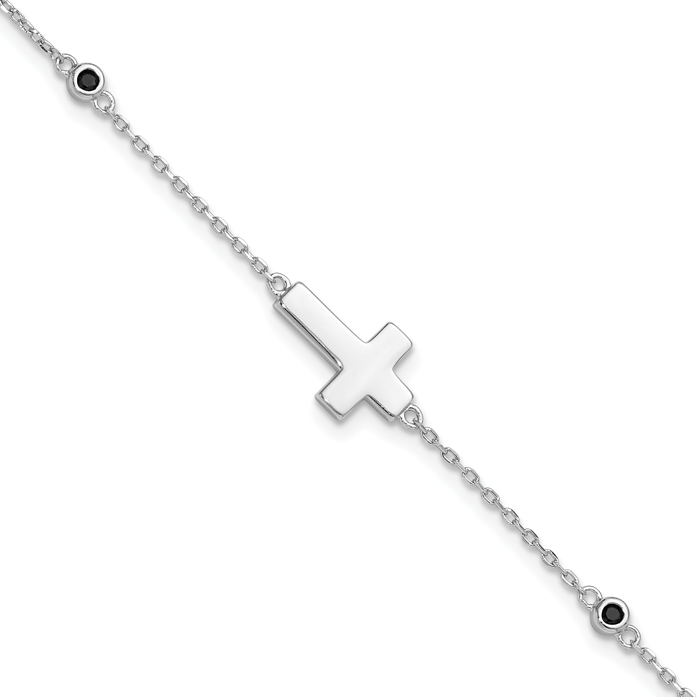 Sterling Silver Rhodium-plated Cross Black Spinel 7in With 1in ext. Bracelet