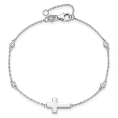 Sterling Silver Rhodium-plated CZ Sideways Cross 8in w/1in ext. Bracelet