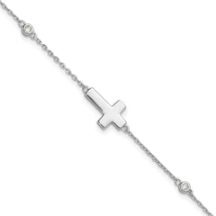 Sterling Silver Rhodium-plated CZ Sideways Cross 8in w/1in ext. Bracelet