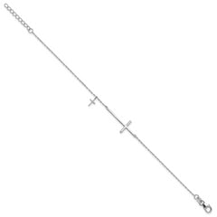 Sterling Silver Rhodium-plated Sideways Cross 7in With 1in ext. Bracelet