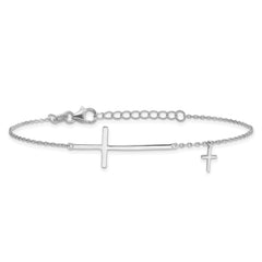 Sterling Silver Rhodium-plated Sideways Cross 7in With 1in ext. Bracelet