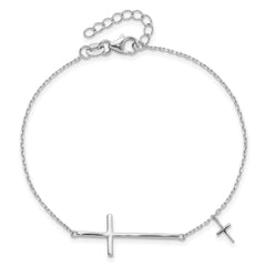 Sterling Silver Rhodium-plated Sideways Cross 7in With 1in ext. Bracelet