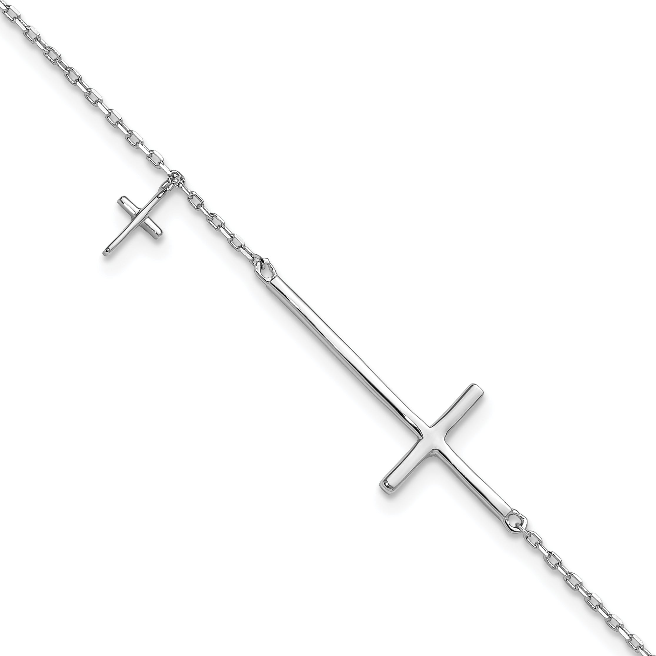 Sterling Silver Rhodium-plated Sideways Cross 7in With 1in ext. Bracelet
