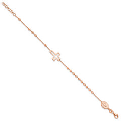 Sterling Silver Rose-tone Rosary Cross 7in With 1in Ext. Bracelet
