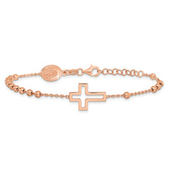 Sterling Silver Rose-tone Rosary Cross 7in With 1in Ext. Bracelet