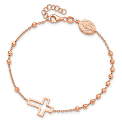 Sterling Silver Rose-tone Rosary Cross 7in With 1in Ext. Bracelet