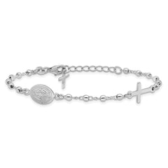 Sterling Silver Rh-plated 6.5in With 1in ext Rosary Bracelet