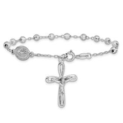Sterling Silver Rhodium-plated Dangle Cross Beaded Rosary 7.5in Bracelet