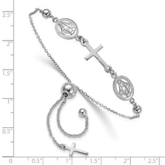 Sterling Silver Rhod-plated Cross with Medals Adjustable Bracelet