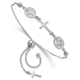Sterling Silver Rhod-plated Cross with Medals Adjustable Bracelet