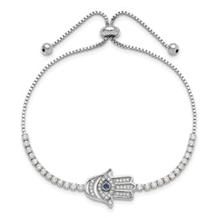 Sterling Silver Rh-plated Clear and Blue CZ Evil Eye Hamsa Adj Bracelet