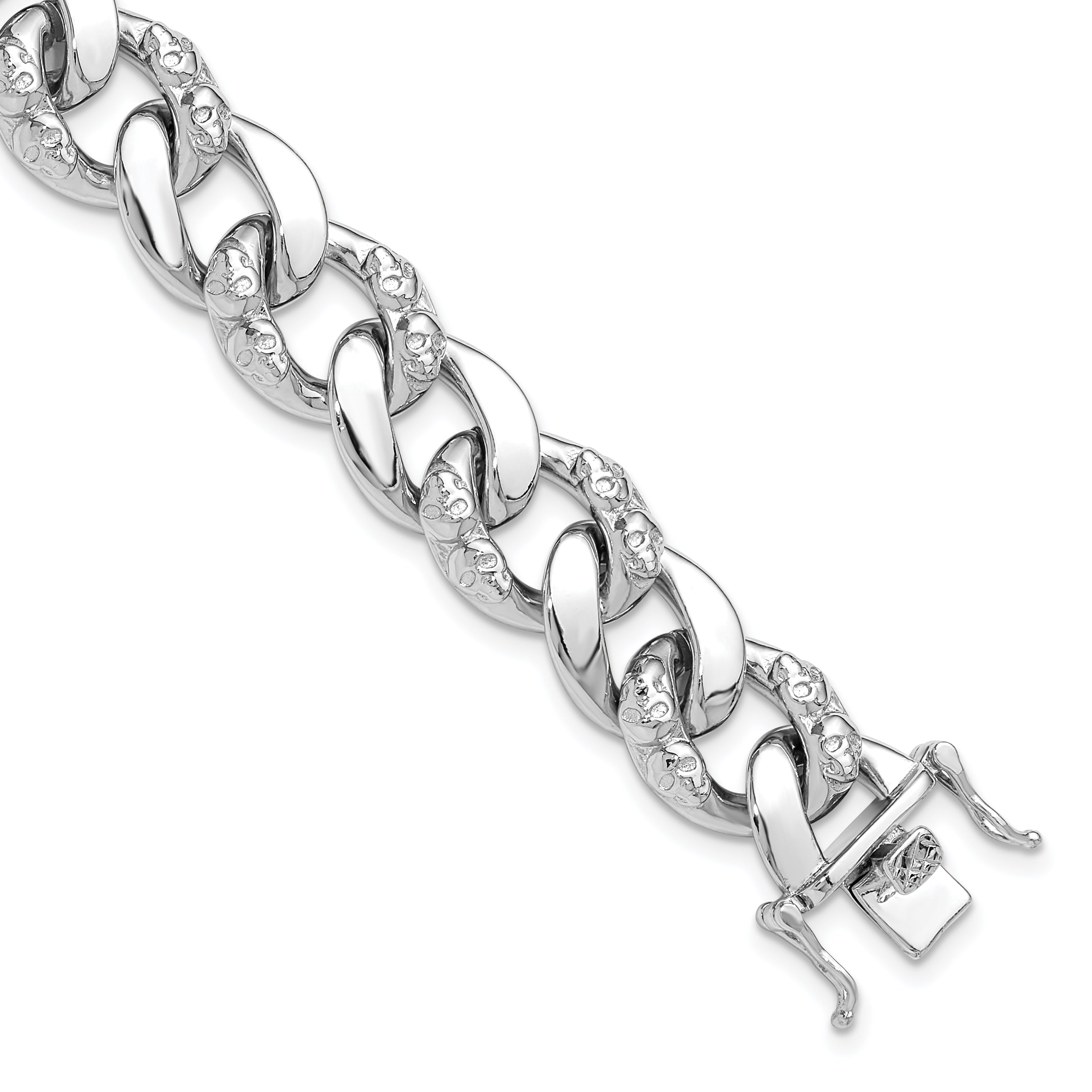 Sterling Silver Rhodium-Rhodium-Plated 12mm Skull Curb Link 8.25in Bracelet