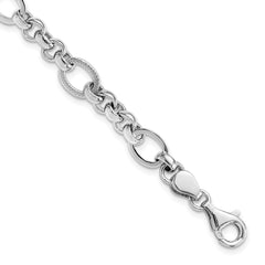 Sterling Silver Rhodium-Rhodium-Plated Polished/Textured Fancy Link 7.5in Bracelet