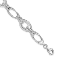 Sterling Silver Rhodium-Rhodium-Plated Polished/Textured Link 7.5in Bracelet