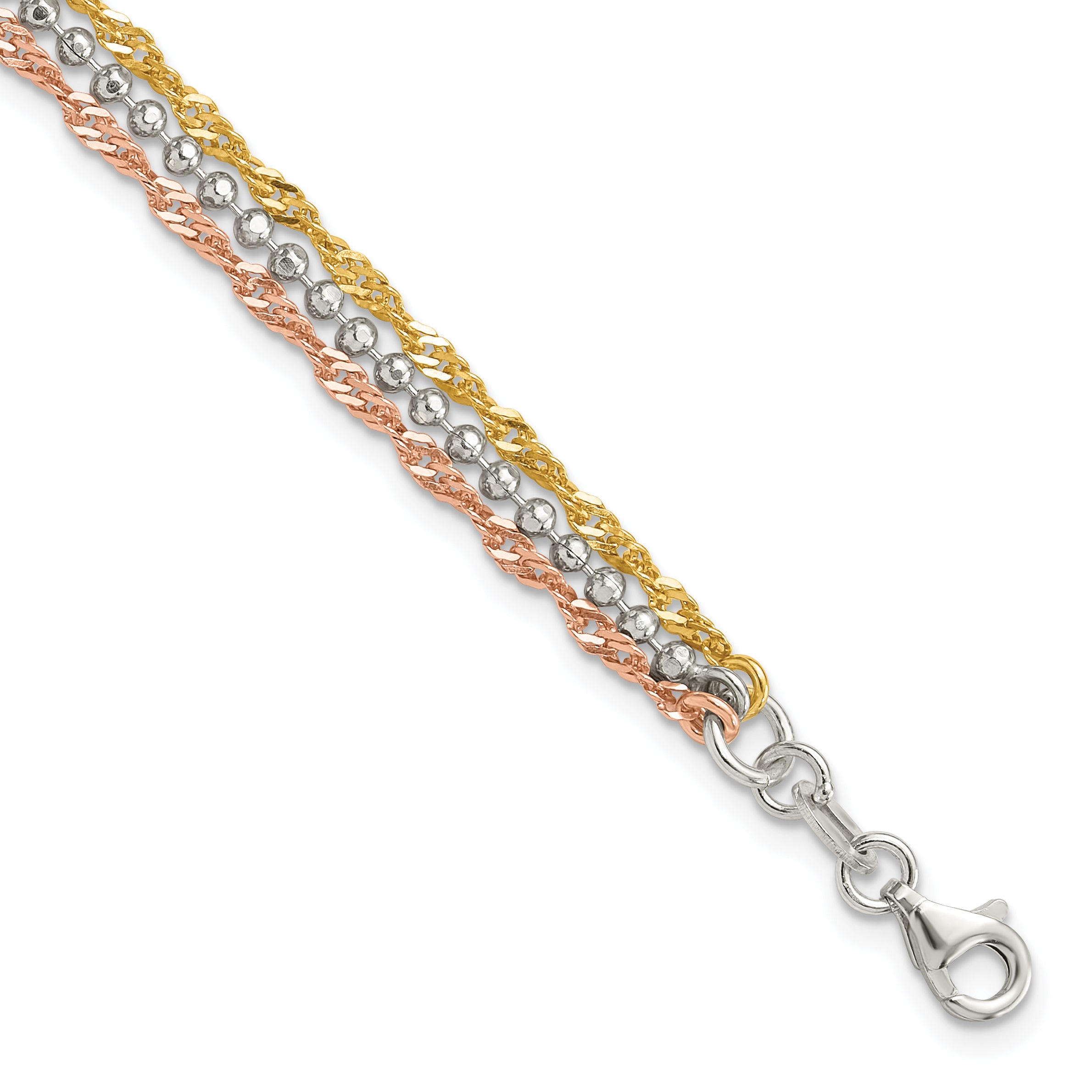 Sterling Silver Gold Tone and Rose Tone 3 Strand 7.5in Bracelet