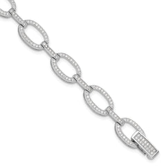 Sterling Silver Rhodium-Rhodium-Plated CZ Oval Link Bracelet