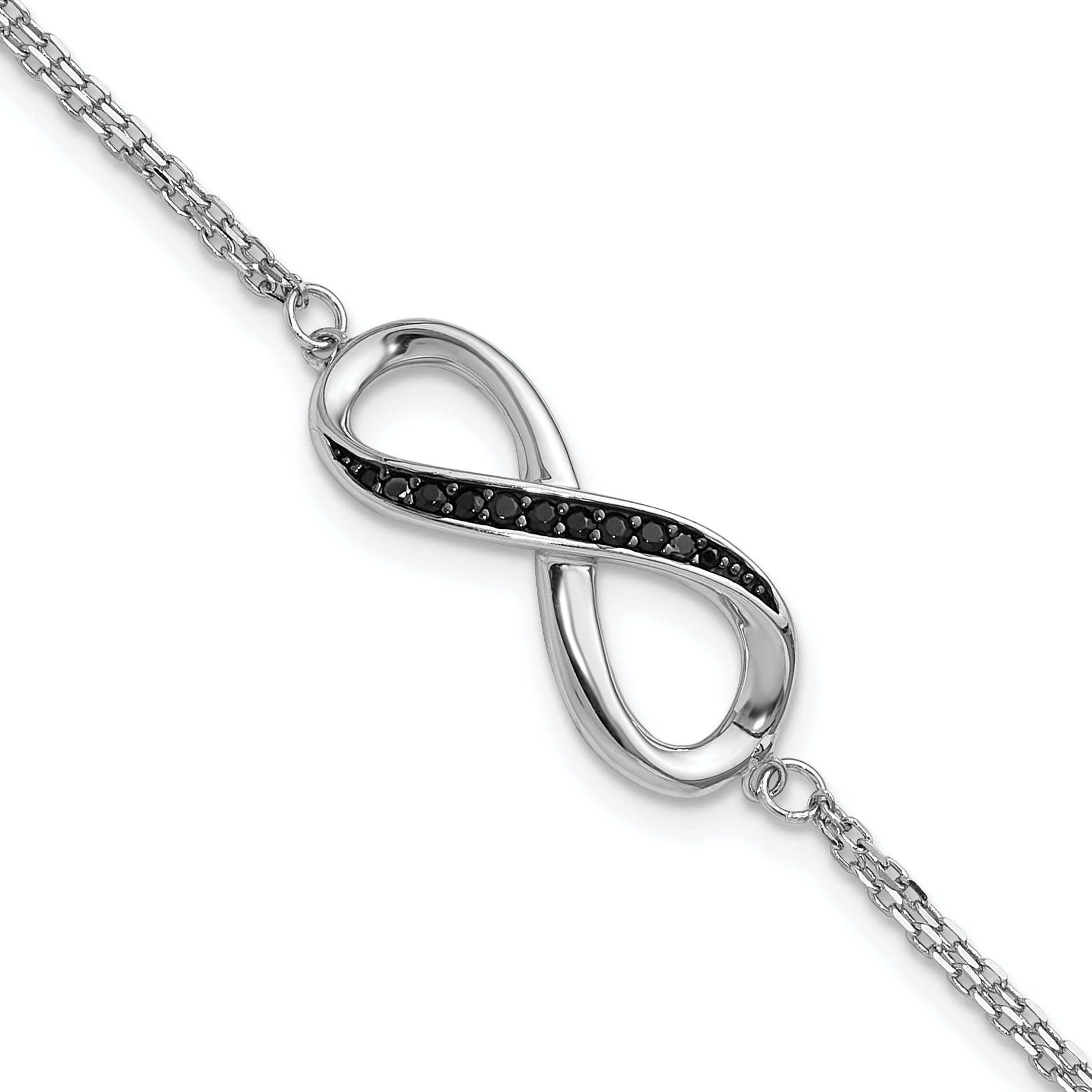 Sterling Silver Rhodium-Rhodium-Plated Black Spinel Infinity 7in w/1in ext. Bracele