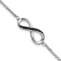 Sterling Silver Rhodium-Rhodium-Plated Black Spinel Infinity 7in w/1in ext. Bracele