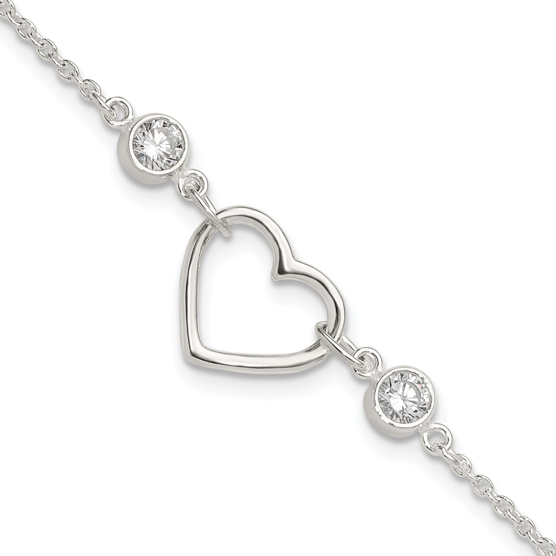 Sterling Silver Rhodium-Rhodium-Plated Polished CZ Heart with 1in ext Bracelet