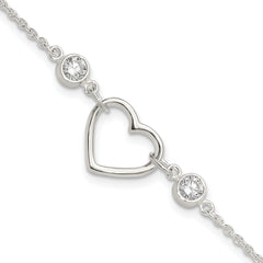 Sterling Silver Rhodium-Rhodium-Plated Polished CZ Heart with 1in ext Bracelet