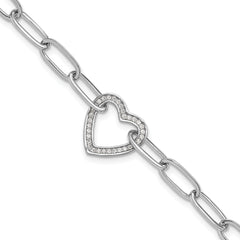 Sterling Silver Rhodium-Rhodium-Plated Paperclip CZ Heart with 1in ext. Bracelet