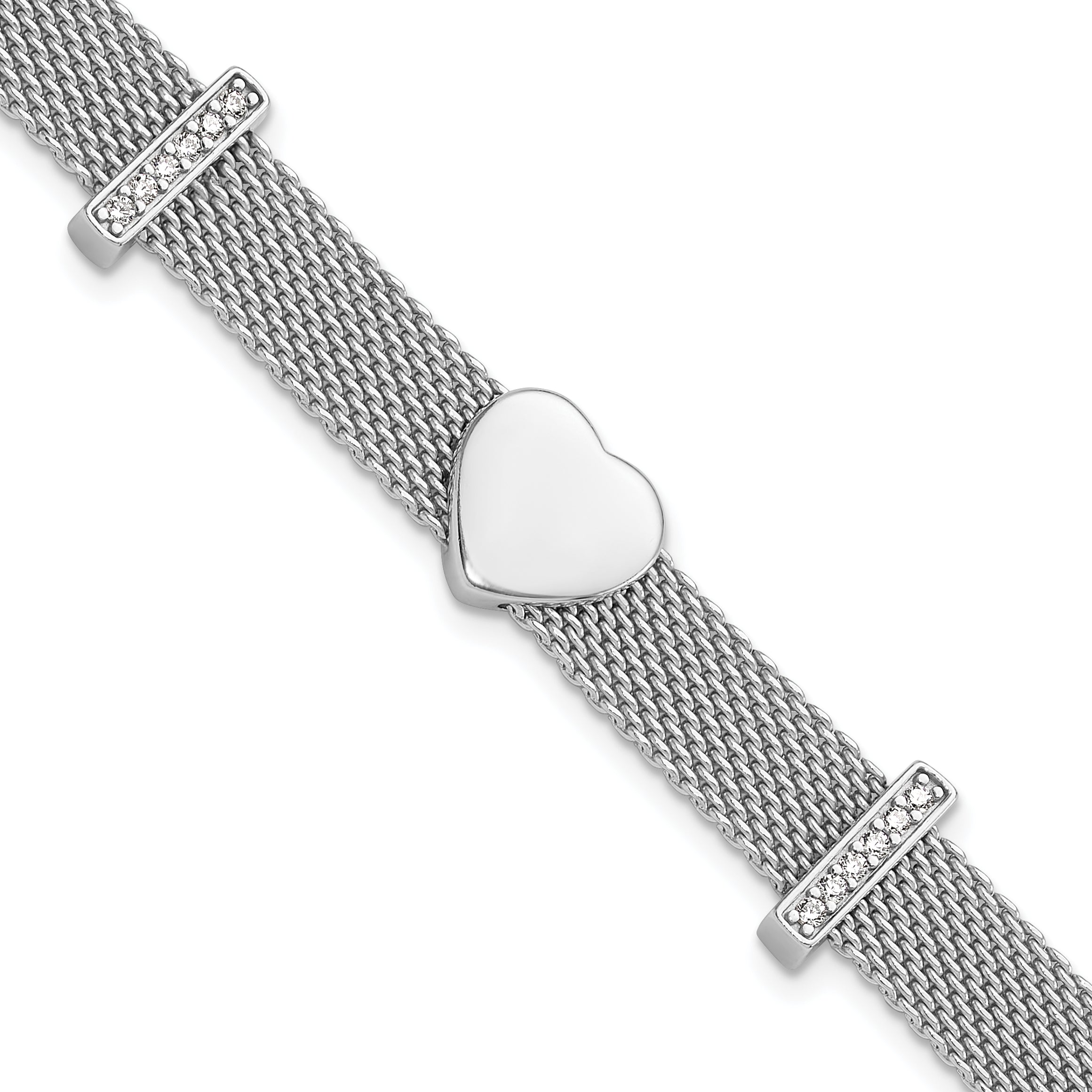 Sterling Silver Rhodium-Rhodium-Plated Mesh CZ Heart 6.75in Bracelet
